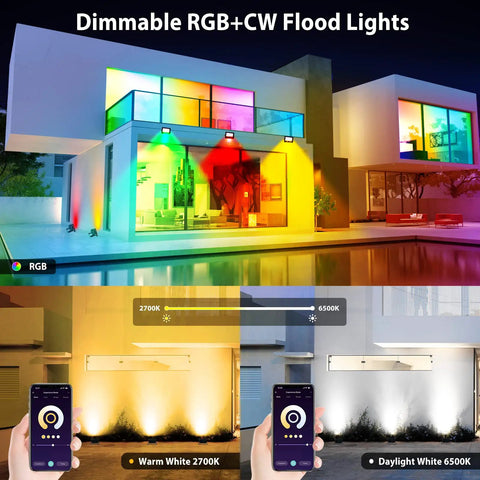 Outdoor RGB LED Flood Light 25W 250W Equiv 2500LM With App Control lighting up a house with 16 million colors, US plug