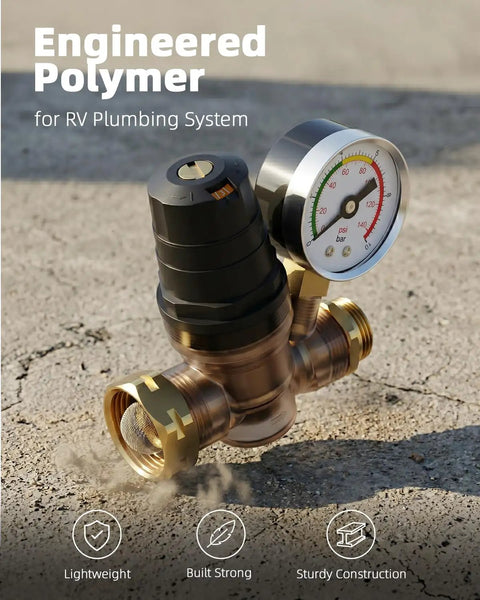 Must-Have RV Water Pressure Regulator With Gauge And Rotatable Dial, Adjustable Camper Water Pressure Reducer With Inlet Screen Filter For Travel Trailers, Protects Plumbing From High Water Pressure, brass with gauge