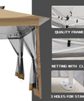 12x12 Pop Up Gazebo Canopy Tent With Mosquito Netting, Easy Up Metal Frame, Waterproof Outdoor Shelter close-up with connector clips and stake holes