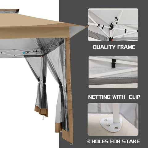 12x12 Pop Up Gazebo Canopy Tent With Mosquito Netting, Easy Up Metal Frame, Waterproof Outdoor Shelter close-up with connector clips and stake holes