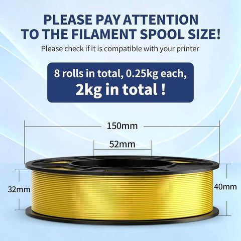 Eight Color Elite PLA Plus 3D Printer Filament Bundle spool size dimensions and total weight details