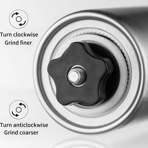 Close-up of Portable Manual Coffee Grinder With Ceramic Burr, showing adjustable settings knob with grind finer and coarser options.