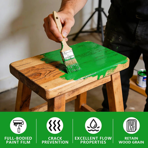 Applying No Sweat Heavy Duty Green Wood Stain And Deck Sealant For Exterior Fences Porch Boards And Patio Decks Zero VOC on wooden stool.