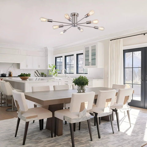 8 Light Sputnik Ceiling Chandelier in brushed nickel silver above modern dining room table
