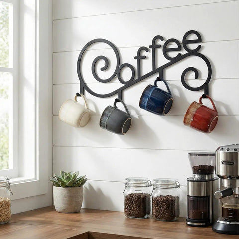 Cool Metal Wall Mounted Coffee Cup Mug Holder With Four Hooks For Kitchen Or Coffee Bar Decor in black with mugs displayed