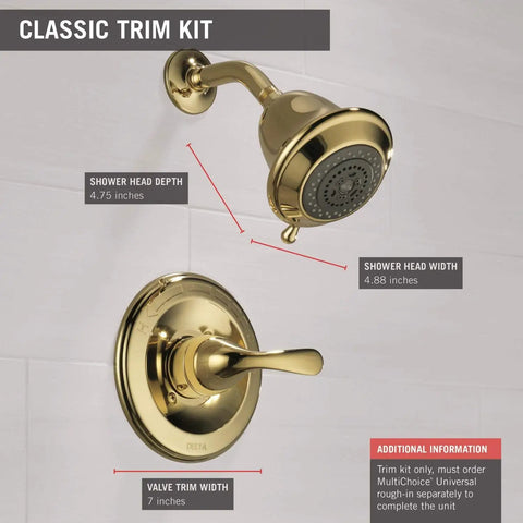 Classic Monitor 13 Series Shower Trim with Single Lever Handle, Brass Detailing, featuring shower head and valve dimensions with brass finish.