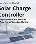 20A PWM Solar Charge Controller For 24V Systems text with snowy landscape and solar panels