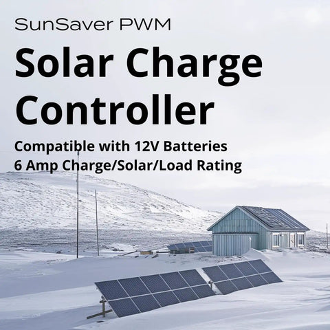 20A PWM Solar Charge Controller For 24V Systems text with snowy landscape and solar panels