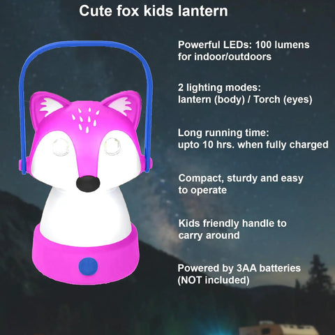 Animal Themed Kids Lantern And Headlamp Set For Camping, pink fox shaped LED nightlight with handle, 100 lumen lantern, battery powered