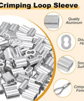 12 Pieces M5 Stainless Steel Wire Rope Clip Clamp Set With Thimbles And Aluminum Crimping Loops; close-up of aluminum crimps
