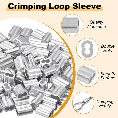 12 Pieces M5 Stainless Steel Wire Rope Clip Clamp Set With Thimbles And Aluminum Crimping Loops; close-up of aluminum crimps
