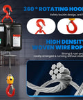 Front view of NEWTRY 3-in-1 electric hoist winch with red safety hook, black housing, and long woven wire rope.