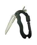 Multitool Carabiner With Folding Knife And Screwdriver, EDC Keychain Tool For Camping And Hiking, shows open blade and screwdriver
