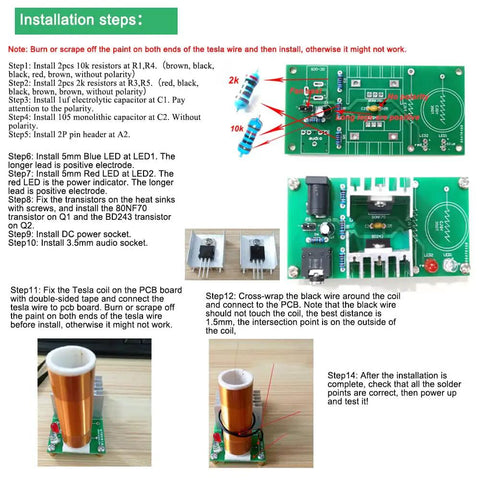 Assembly instructions for Mini 15W Tesla Coil Kit For DIY Electronics, Music Tesla Coil And Plasma Speaker, Soldering Practice Kit