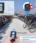 Wireless Bike Alarm With Remote For Ebikes And Motorcycles Anti Theft Vibration And Motion Sensor System IP65 Waterproof Super Loud 113dB Two Pack For Bicycles Scooters And Electric Rides shown with remote in use in parking lot