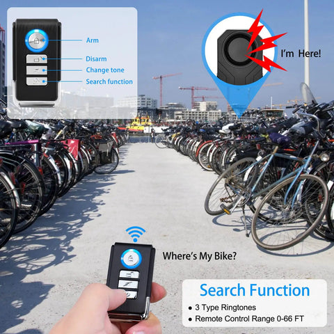 Wireless Bike Alarm With Remote For Ebikes And Motorcycles Anti Theft Vibration And Motion Sensor System IP65 Waterproof Super Loud 113dB Two Pack For Bicycles Scooters And Electric Rides shown with remote in use in parking lot