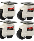Heavy Duty Leveling Casters GD80F With Swivel Wheels For Industrial Carts And Equipment, Adjustable Workbench Feet, 1100 Lb Per Wheel Load Capacity, Built To Last, Rugged And Stable Mobility. Four leveling casters with black wheels and metal plates.