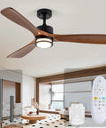 52 Inch Outdoor Ceiling Fan With Light, Solid Walnut Wood Blades, Remote, 3 CCT Dimmable LED, Timer, Living Room Setup