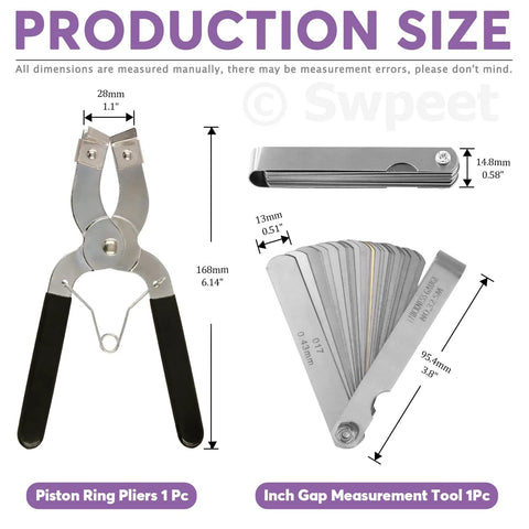 Piston ring pliers with black handles (1pc) and inch-gap measurement tool with feeler gauges (1pc) from Amazon