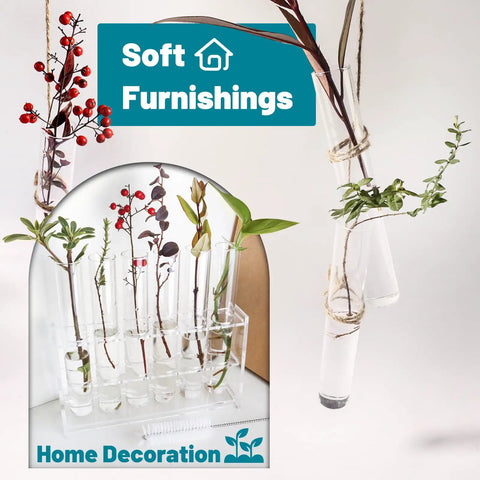 Twelve 30ml Glass Test Tubes With Cork Stopper, 20x150mm Storage Tubes With Cap displayed as plant propagation vase with rack.