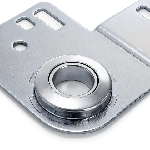 Close-up view of Two Pack Garage Door End Bearing Plates And Brackets For 2 Inch Track Doors Heavy Duty Three Eighths Inch Bearing Ends