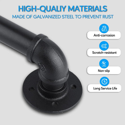 Close-up of Pipe Stair Handrail 3 Ft Heavy Duty Metal Rail Built To Last Indoor And Outdoor Use Wall Mount Safety Handle details