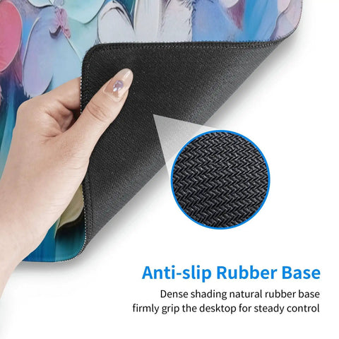 Close-up of floral oil pattern with non-slip rubber base on Large Extended Gaming Mouse Pad With Non Slip Rubber Base And Stitched Edges 31.5 X 11.8 Inch Desk Pad For Keyboard And Mouse Floral Oil Flower Pattern Ultra Smooth Glide Office And Gaming Setup.