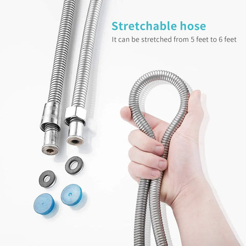 Flexible hose from High Pressure 6 Setting Handheld Shower Head With On Off Switch And Spa Spray Mode, held and stretched