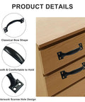 4 Pack Black Antique Gate Pull Handles 4 Inch Curved Metal Door Pulls For Cabinets Furniture Kitchen Drawers Dresser And Barn Doors With Screws Vintage Style Hardware Smooth Finish And Easy Mounting For A Classic Rustic Look, shown installed on wood drawers.