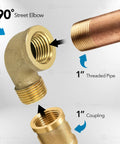 Front view of 1-inch brass 90° street elbow with male and female NPT threaded fittings