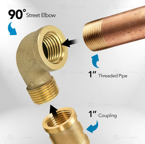 Front view of 1-inch brass 90° street elbow with male and female NPT threaded fittings
