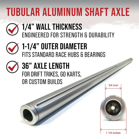 36-Inch Shaft Kit For Trike Drift Bikes with aluminum tubular shaft axle and 420 chain, 330 lb load capacity.