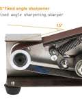 Close-up of a 15° fixed angle sharpener on Compact Mini Electric Belt Sander And Grinder Desktop Power Tool built like a tank.