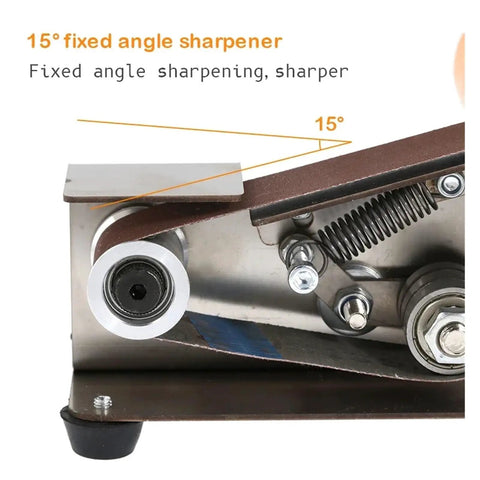 Badass Mini Electric Belt Sander And Desktop Grinder Woodworking Polisher Metal Edge Sharpener with 15° angle for precise sharpening.