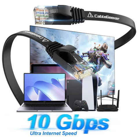 Cat6 Ethernet Cable 100 Ft Indoor Outdoor Rock Solid High Speed 10Gbps Pure Copper Flat Patch Cable in use with devices