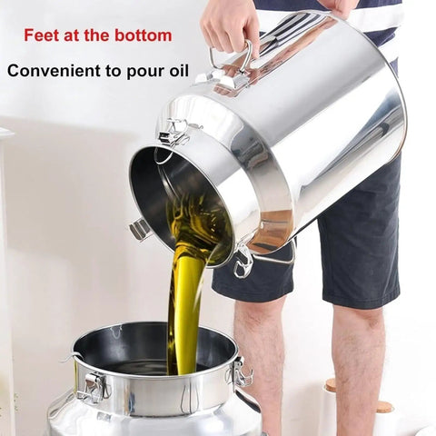 Kick Your Pantry Game Up With This Badass 304 Stainless Steel Milk Can Storage Container Featuring A Secure Tight Lid And Drip Free Spigot Tap Perfect For Bulk Rice Flour Sugar Coffee Beans At Full 16.9 Gallon Capacity, pouring oil from stainless steel can.