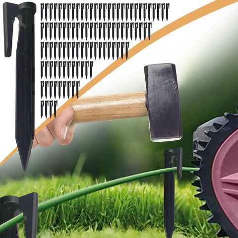 Heavy Duty Boundary Wire Pegs Straight Up Durable Portable Cable Stakes For Yard Setup being hammered into the ground