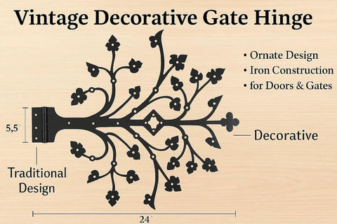 Kick Ass Wrought Iron Door Hinges With Glossy Black Powder Coating Vintage decorative gate hinge with ornate design for doors and gates.