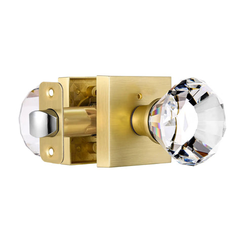 Square Glass Diamond Knob Set With Lock For Bedroom And Bathroom Privacy, Satin Brass Gold Finish Door Handles, Keyless Privacy Knobs