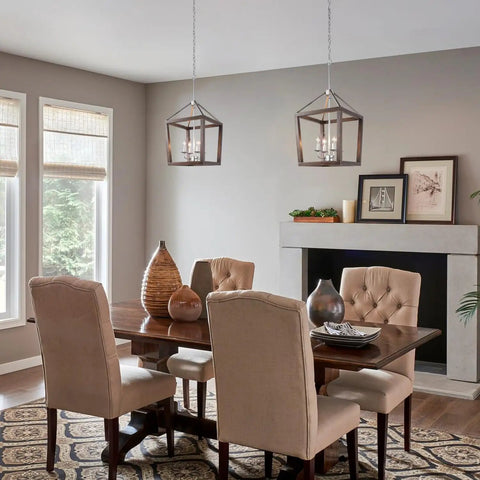 Dining room with Oak Wood Farmhouse Lantern Pendant Light With Silver Metal Finish, cozy rustic vibe, open geometric frames