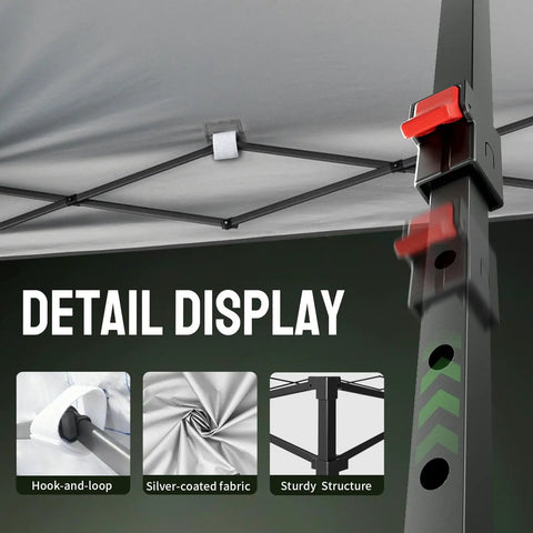 Detail display of 10x10 Pop Up Canopy With Center Lock One Push Setup, featuring hook-and-loop, silver-coated fabric, and sturdy structure.