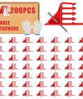 200 Pack Cable Stackers With Steel Nails For Fast And Secure Wire Management, red clips and gloves displayed in a neat arrangement.