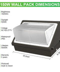 Ultra Bright 150W LED Wall Pack Light With Dusk Dawn Sensor 5000K Daylight 19200 Lumens showing dimensions and features
