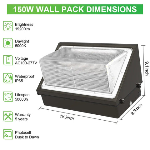 Ultra Bright 150W LED Wall Pack Light With Dusk Dawn Sensor 5000K Daylight 19200 Lumens showing dimensions and features
