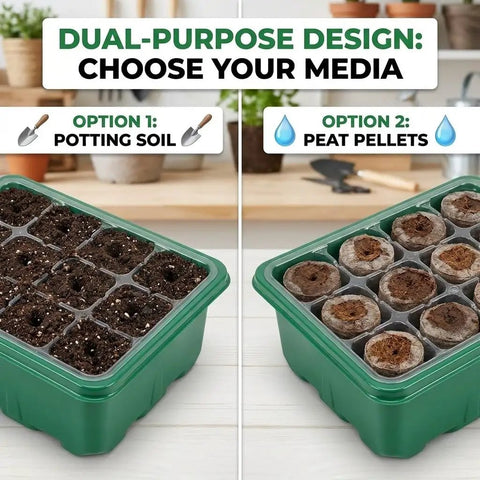 All In One Seed Starter Kit With Grow Light, Easy Setup and Elevated Seedling Tray, showing potting soil and peat pellets options in green trays