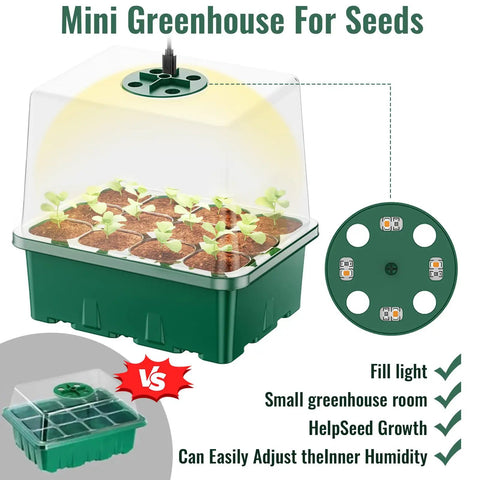 5 Pack 60 Cell Seed Starter Trays with Built In Grow Light Kit Humidity Dome and Base Plug and Grow Indoor Seed Germination Kit