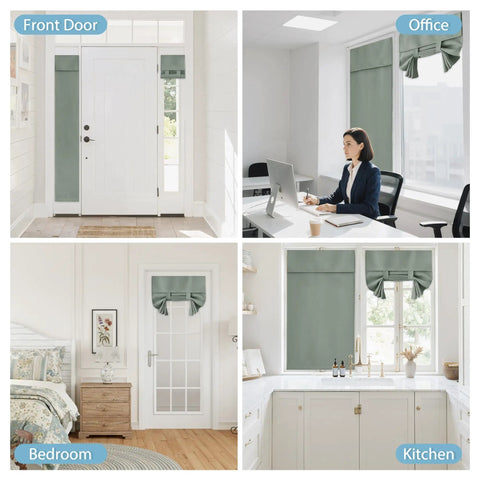 Door Window Curtain Panel For French Doors Skylight And Patio, Room Darkening Draft Blocking Thermal Insulated Privacy Shade, Sage Green W26 X L69 Inch, Easy Install With Strong Adhesive Straps, One Panel No Drills installed in various rooms.