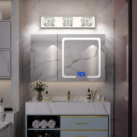 Modern Chrome Vanity Light Fixture With Crystal Accents 3 Light LED Over Mirror Cool White 6000K Bathroom Vanity Lighting