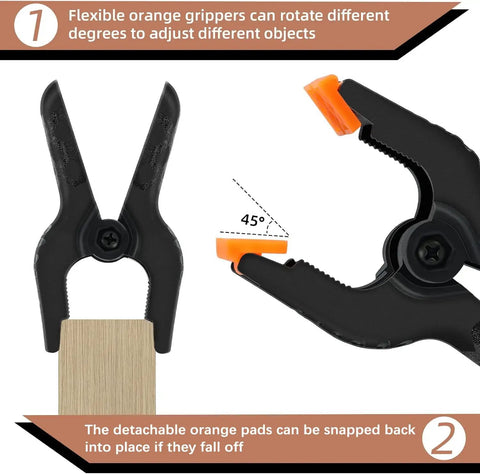 16 Pack Small Spring Clamps 3 Point 5 Inch Heavy Duty Clips showing flexible orange grippers on wood backdrop
