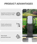 Rock Solid Universal EV Charger Mounting Post with Heavy Duty Freestanding Pole Stand made of galvanized steel in a garden.